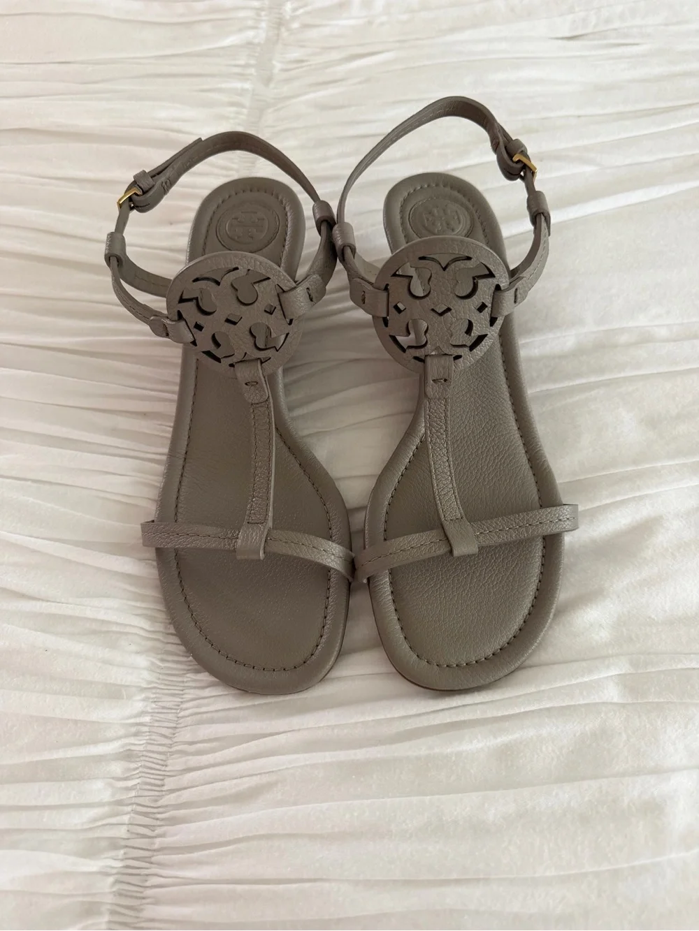 Tory Burch Taupe Leather Wedge T-Strap Sandals
